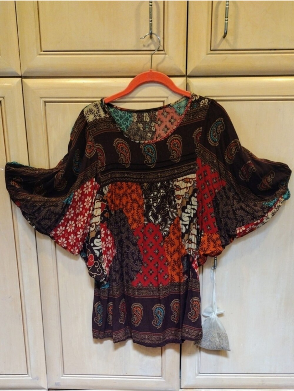 Boho Patchwork Batwing-Sleeve Top in Multi